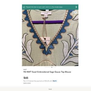 115 NWT Easel Embroidered Sage Gauze Top Blouse